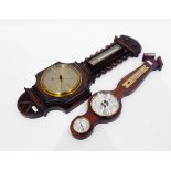 Aneroid barometer by Crouch of Cardiff and Newport, in oak case, another barometer,