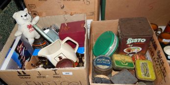 Box of mixed collectables and a quantity of vintage tins including Golden Virginia, Bisto,