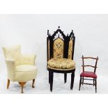 Unusual oak Gothic-style wing side chair with button upholstered seat and triple upholstered pad