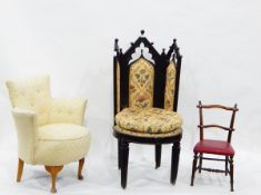 Unusual oak Gothic-style wing side chair with button upholstered seat and triple upholstered pad