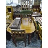 Old oak wind-out dining table with moulded edge, on turned baluster legs, with two extra leaves,