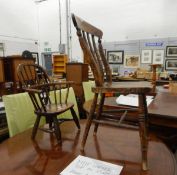 Child's yew and elm seated 19th century spindle back chair and an elm seated slat-back kitchen