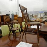 Child's yew and elm seated 19th century spindle back chair and an elm seated slat-back kitchen