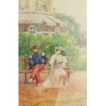 Filippo Baratti (Italian, 19th century) Watercolour drawing Figures seated on a park bench,