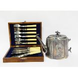 Set of six pairs of Victorian fruit eaters with engraved silver plated blades,