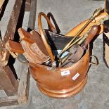 Copper coal scuttle with bellows, brass fire irons, etc.