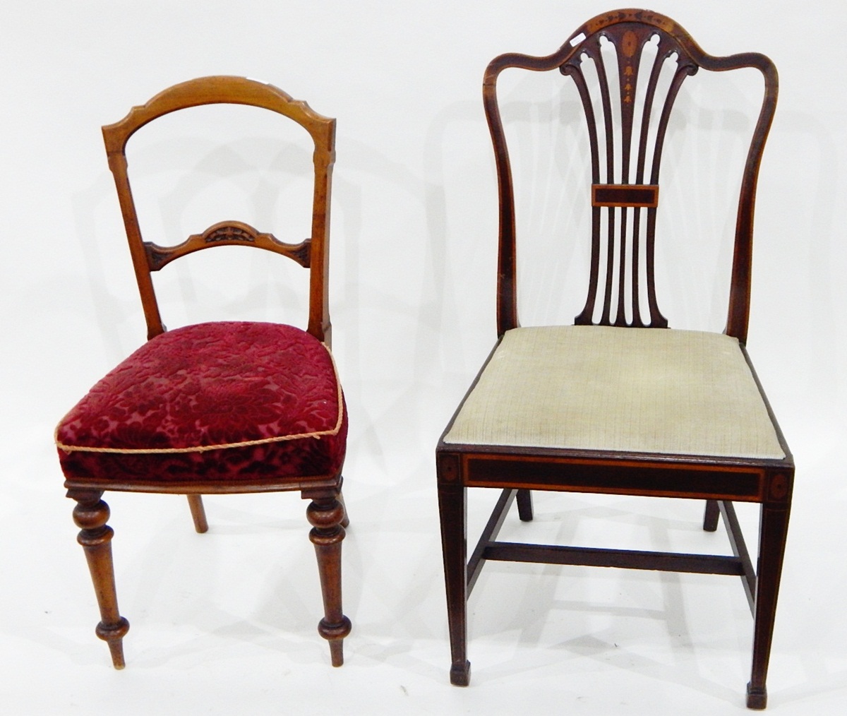 Pair of Georgian mahogany dining chairs with inlaid decoration and pierced splats and a pair of