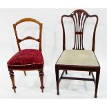 Pair of Georgian mahogany dining chairs with inlaid decoration and pierced splats and a pair of