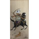 Persian School Miniature painting on bone depicting a hunter on horseback chasing a deer, 19.