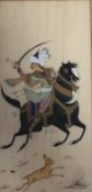 Persian School Miniature painting on bone depicting a hunter on horseback chasing a deer, 19.