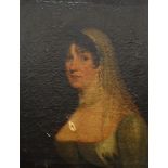 19th century school Oil on canvas Half-length portrait of a lady with veil, unsigned, 59.
