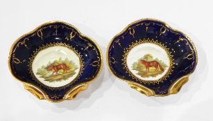 Pair of late 18th century Coalport 'Animal' pattern shell-shaped dishes with painted cartouche of