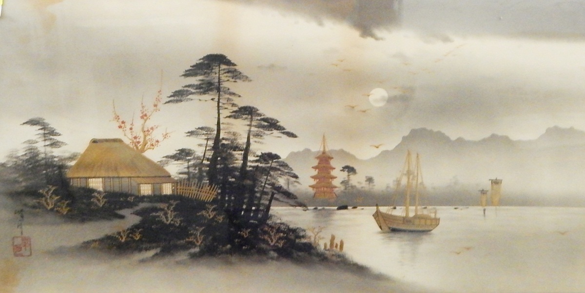 20th century Oriental school Watercolour River with temple and fishing boats,