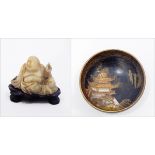 Japanese Kutani porcelain small bowl decorated with pagoda on a black ground, 6.