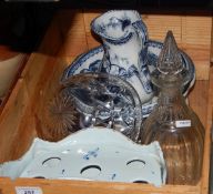 Edwardian jug and ewer, blue floral decoration on a white ground, a cut glass bowl,