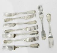 Matched set of nine George IV and Victorian silver table forks, London 1829 and 1844,
