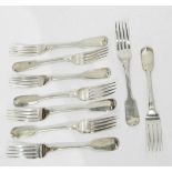 Matched set of nine George IV and Victorian silver table forks, London 1829 and 1844,