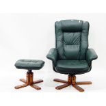 Global Furniture Alliance modern leather swivel recliner with matching footstool in dark green