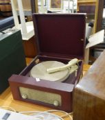 Dansette-style record player, records in a case, long playing records, a microphone, etc.