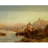 James Webb (circa 1825-1895) Oil on canvas Riverside city scene with figures in foreground on