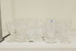 Quantity of drinking glasses including a pair of cut glass tumblers and a matching pair of wine