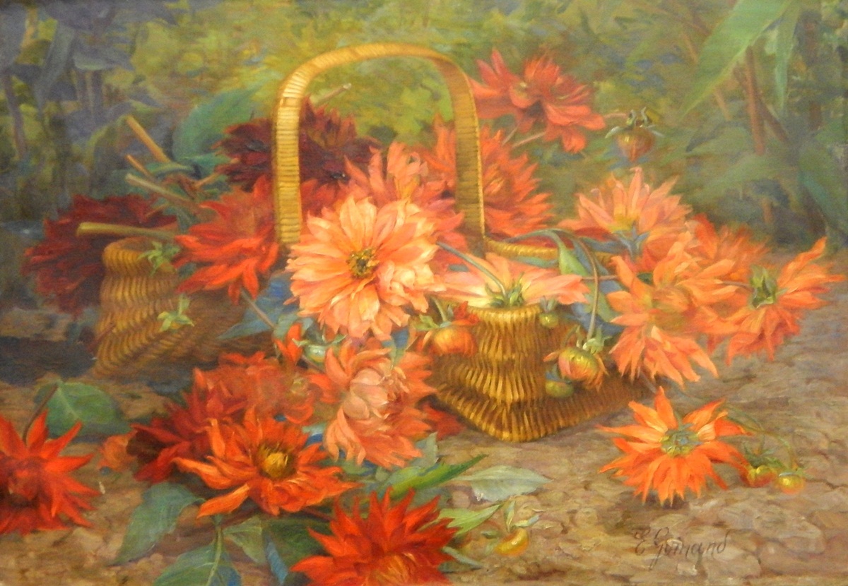 Emma Guinand (20th century school) Oil on canvas Dahlias in a basket, signed lower right, 47.