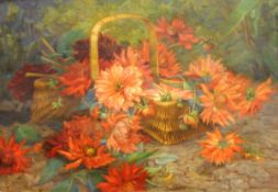 Emma Guinand (20th century school) Oil on canvas Dahlias in a basket, signed lower right, 47.