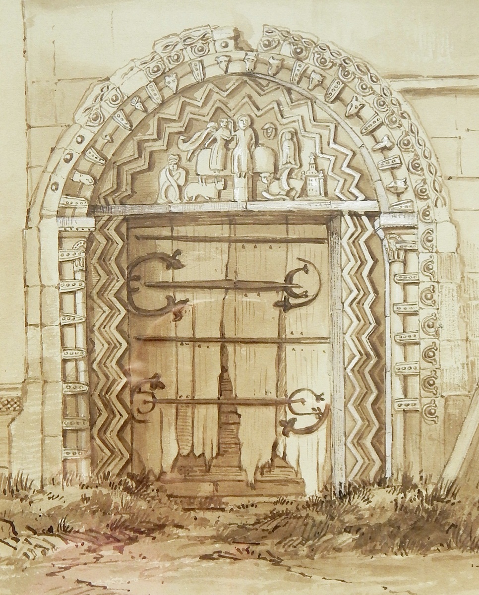 19th century school Watercolour drawing "Norman Door, Quenington Church", circa 1865-75, unsigned,