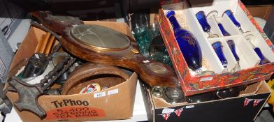 Quantity of assorted glassware including a boxed blue glass decanter and matching glasses decorated