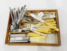 Set of Edwardian fish knives and forks with engraved silver plated blades and silver collars and