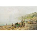 Matteo Passoni (Italian, 20th century school) Oil on canvas Coastal scene with fishermen on beach,