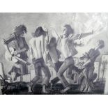 Russian school Pair of pencil drawings Scene of teenagers dancing in street, signed and dated 1985,