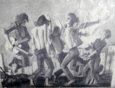 Russian school Pair of pencil drawings Scene of teenagers dancing in street, signed and dated 1985,