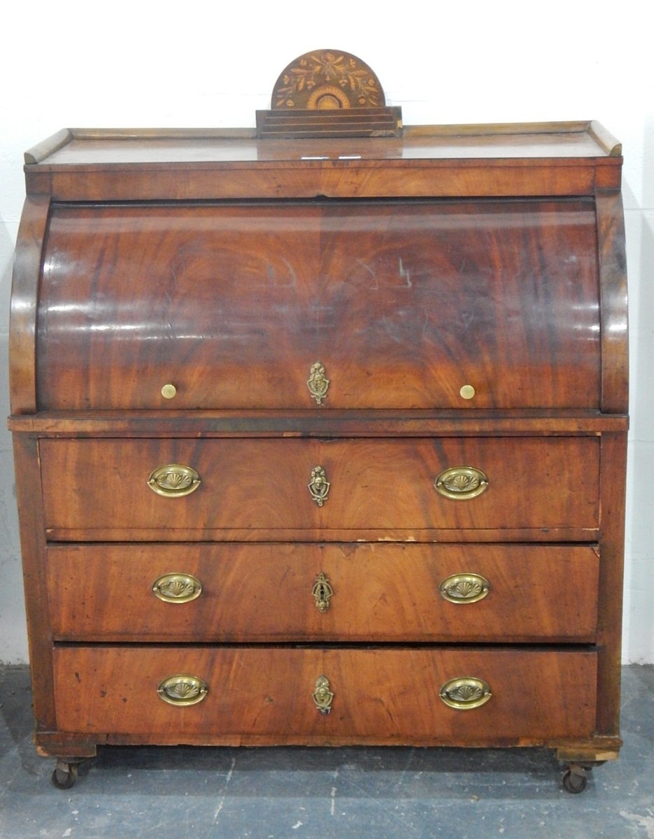 19th century Continental mahogany cylinder bureau, the roll-top revealing a fitted interior, - Image 2 of 2