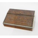 Indian Sadeli work writing slope, the fall-front with carved panels depicting palaces and elephants,
