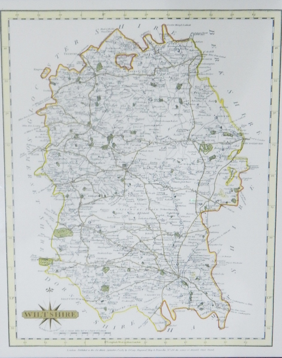 Modern framed map of Somersetshire and Wiltshire after John Carey,