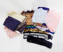 Quantity of textiles including scarves, silk handkerchiefs, sequinned belts,