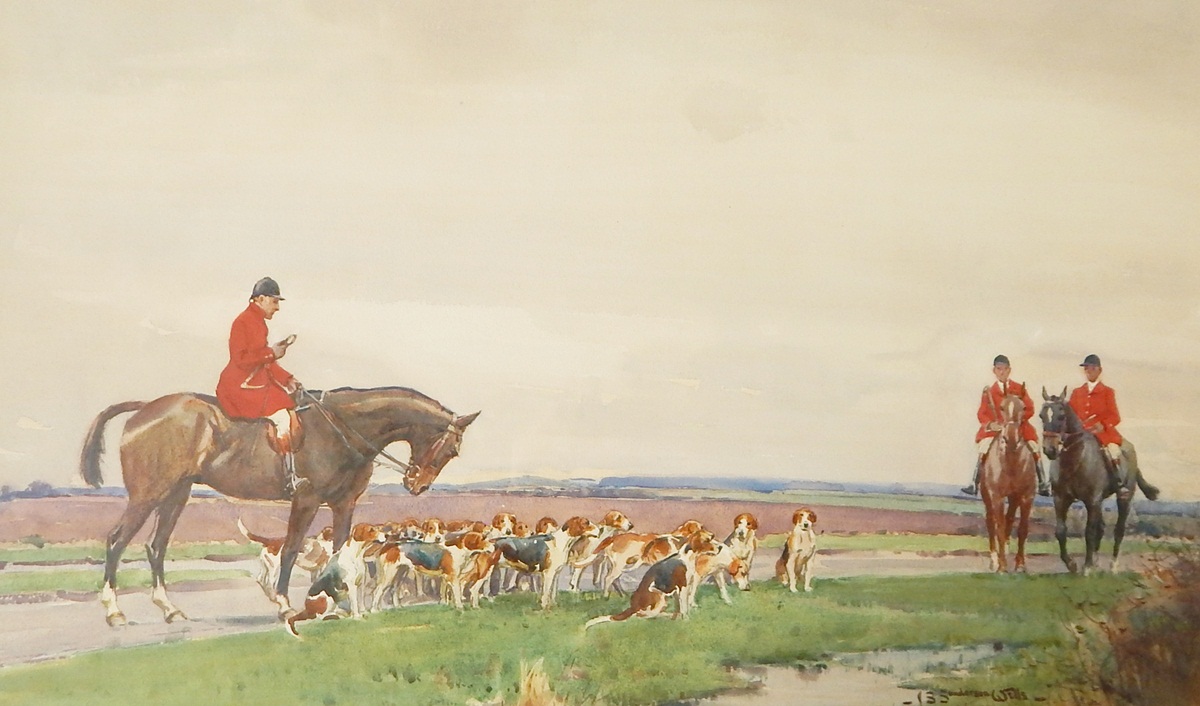 John Sanderson-Wells (1872-1955) Watercolour drawing Hunting scene, signed lower right, 37cm x 62.