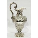 Victorian silver large jug, foliate embossed decoration, scroll handle,