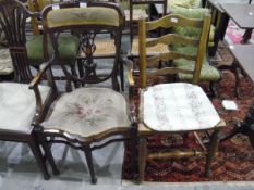 Edwardian mahogany chair with needlework upholstered and carved crest rail over fret carved and