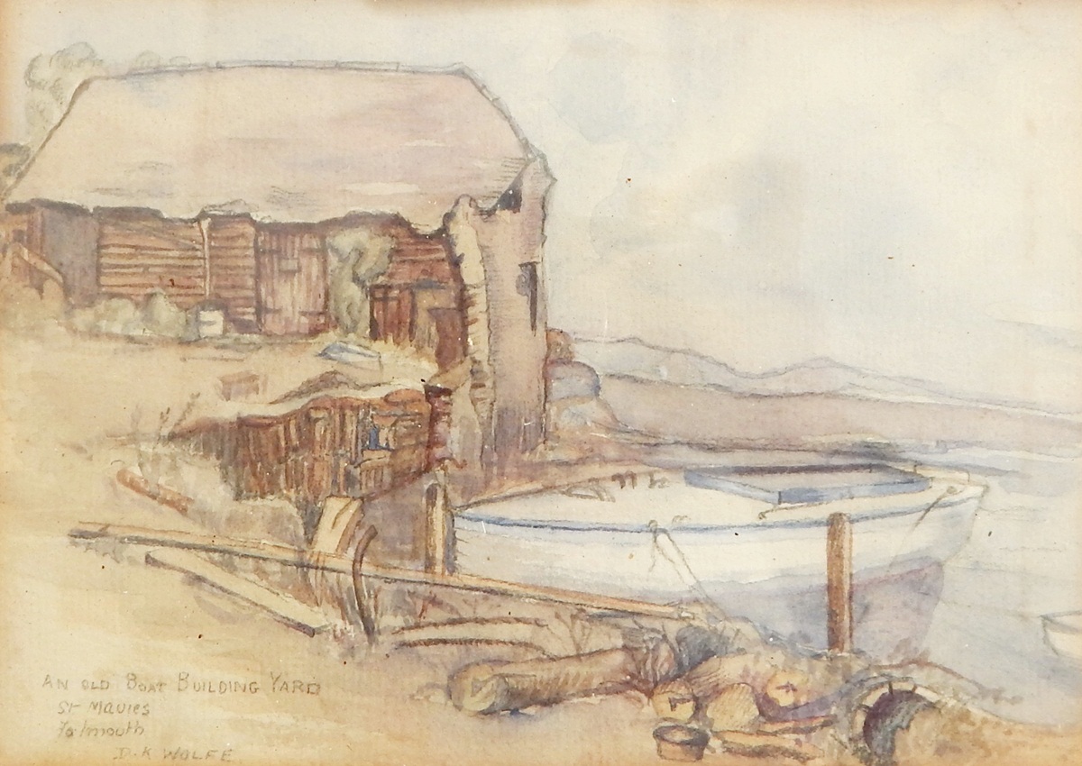 D K Wolfe (20th century school) Watercolour drawing "An Old Boat Building Yard, St Mavies,