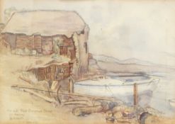 D K Wolfe (20th century school) Watercolour drawing "An Old Boat Building Yard, St Mavies,