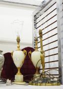 Pair of onyx table lamps of vase form with gilt mounts and another brass-effect table lamp (3)