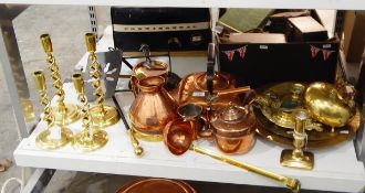 Large quantity of brass and copperware including two pairs of brass candlesticks with spiral twist