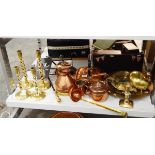 Large quantity of brass and copperware including two pairs of brass candlesticks with spiral twist