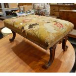 Mahogany and upholstered drawing room stool, on cabriole supports,