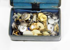 Two pairs of mother-of-pearl and silver cufflinks modelled as buttons (some missing chains),