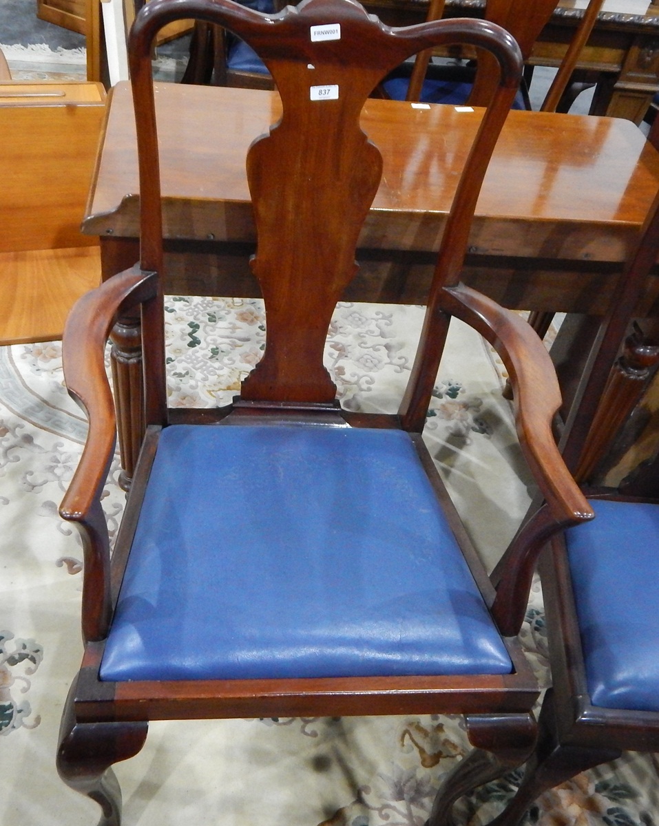 Pair of mahogany-framed elbow chairs with vase-shaped splats,