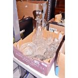 Cut glass decanter with various other cut glass items (1 box)