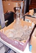 Cut glass decanter with various other cut glass items (1 box)